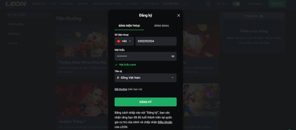 Đăng ký tài khoản Leonbet