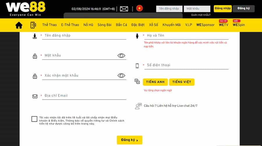 Đăng ký tài khoản WE88 